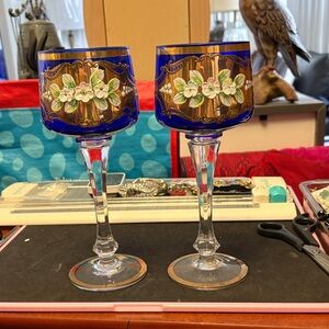 Vintage Czech Bohemian Handblown Blue Cobalt Floral Crystal Wine Glasses